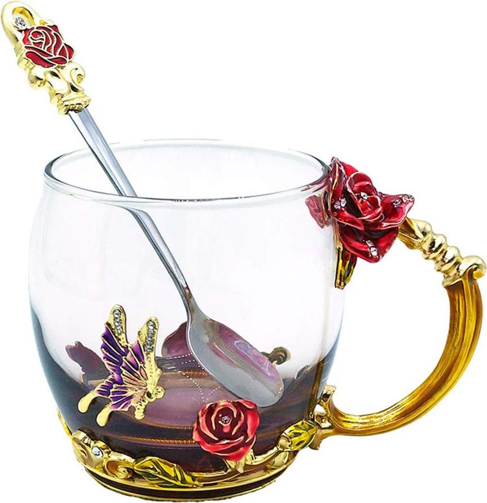 Teetasse, Kaffeebecher, Tassen mit Löffel, handgefertigt, Schmetterlingsrosen-Glas, Kaffeetassen, Teebecher für Freunde, Hochzeitstag, Geburtstag...