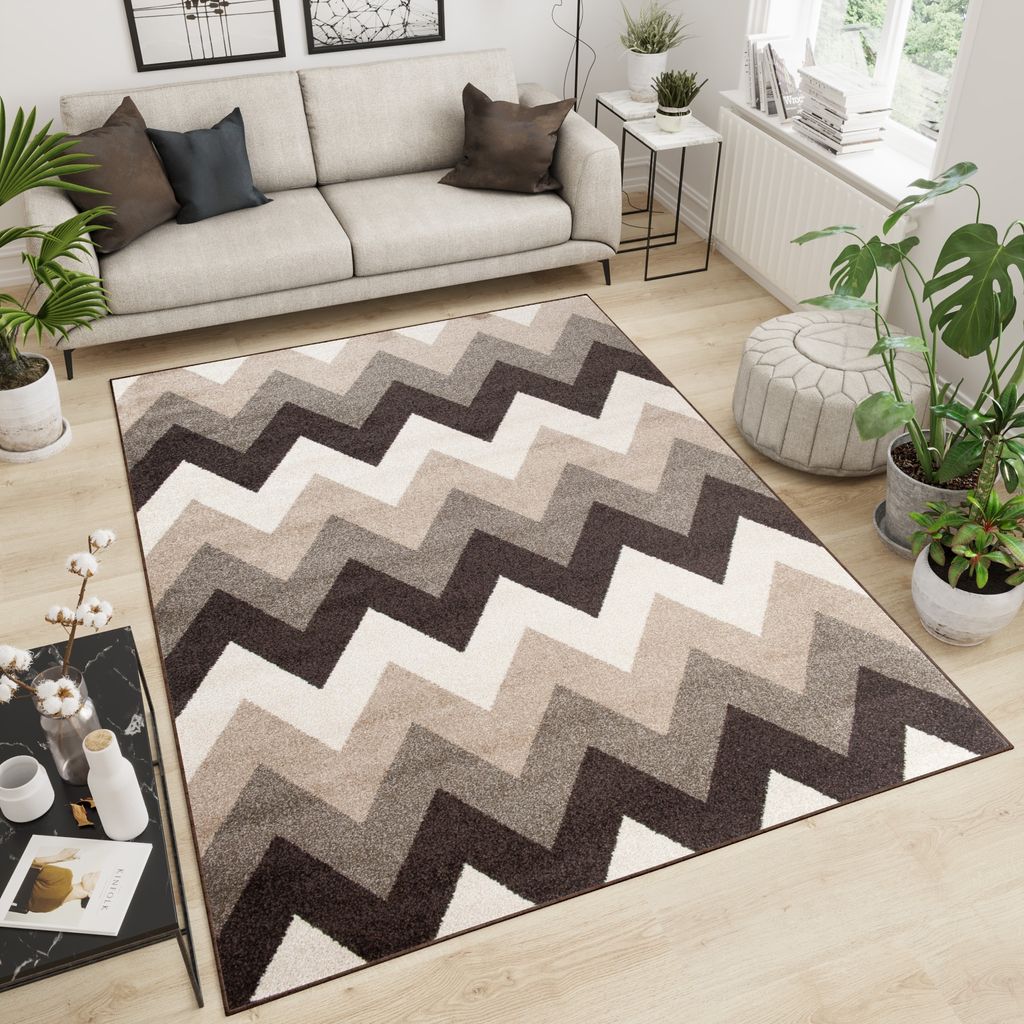 Teppich Wohnzimmer Schlafzimmer Kurzflor Modern Design Geometrisch Gestreift Zick Zack Streifen Braun Beige Creme 300 x 400 cm