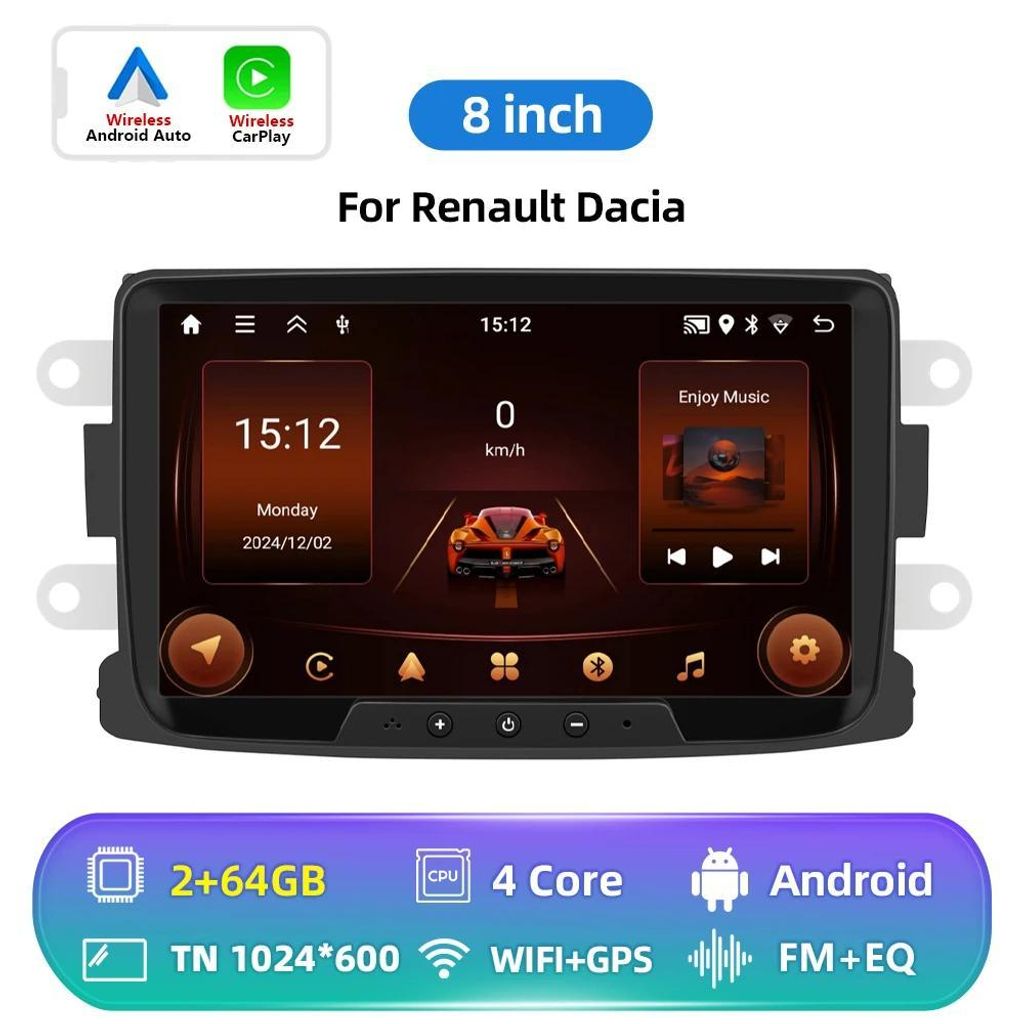 Autoradio für Dacia/Renault Duster/Sandero/Logan/Dokker - 2-DIN Android - 20,3 cm Touchscreen - 2 GB RAM 64 GB ROM - 1920×1200 - FM - 4×45 W - W...