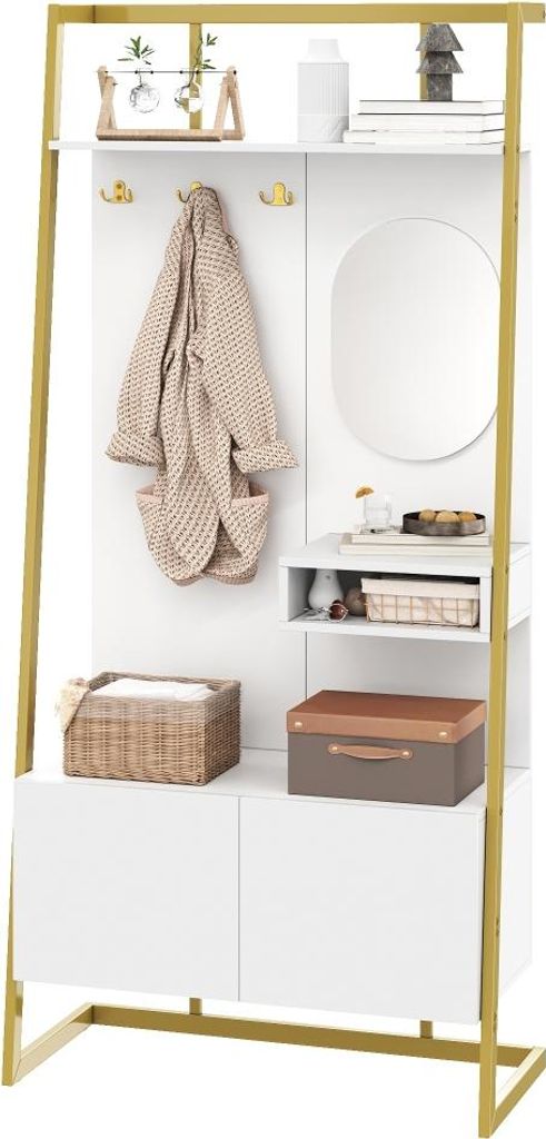 AIORBER Moderne Kompaktgarderobe mit Spiegel, Metallhaken & Schuhbank, offenes Design mit Stauraum, Weiß