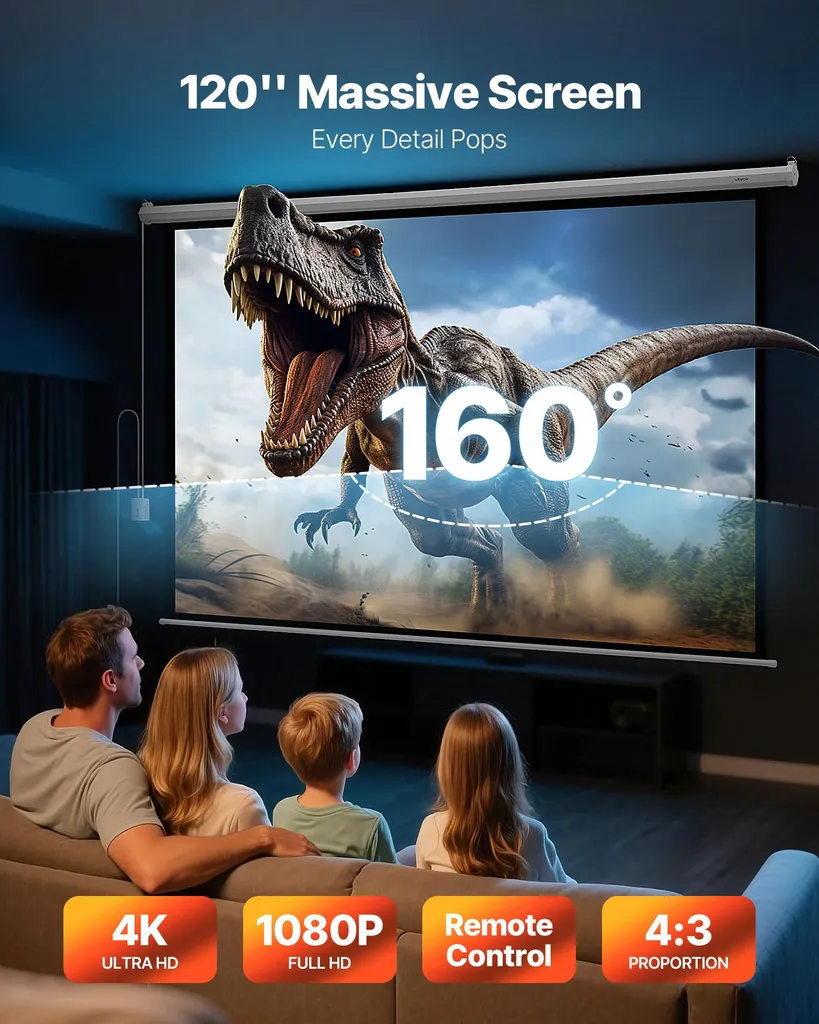 VEVOR Écran de projection motorisé 120 pouces 4:3 4K HD avec télécommande - 2