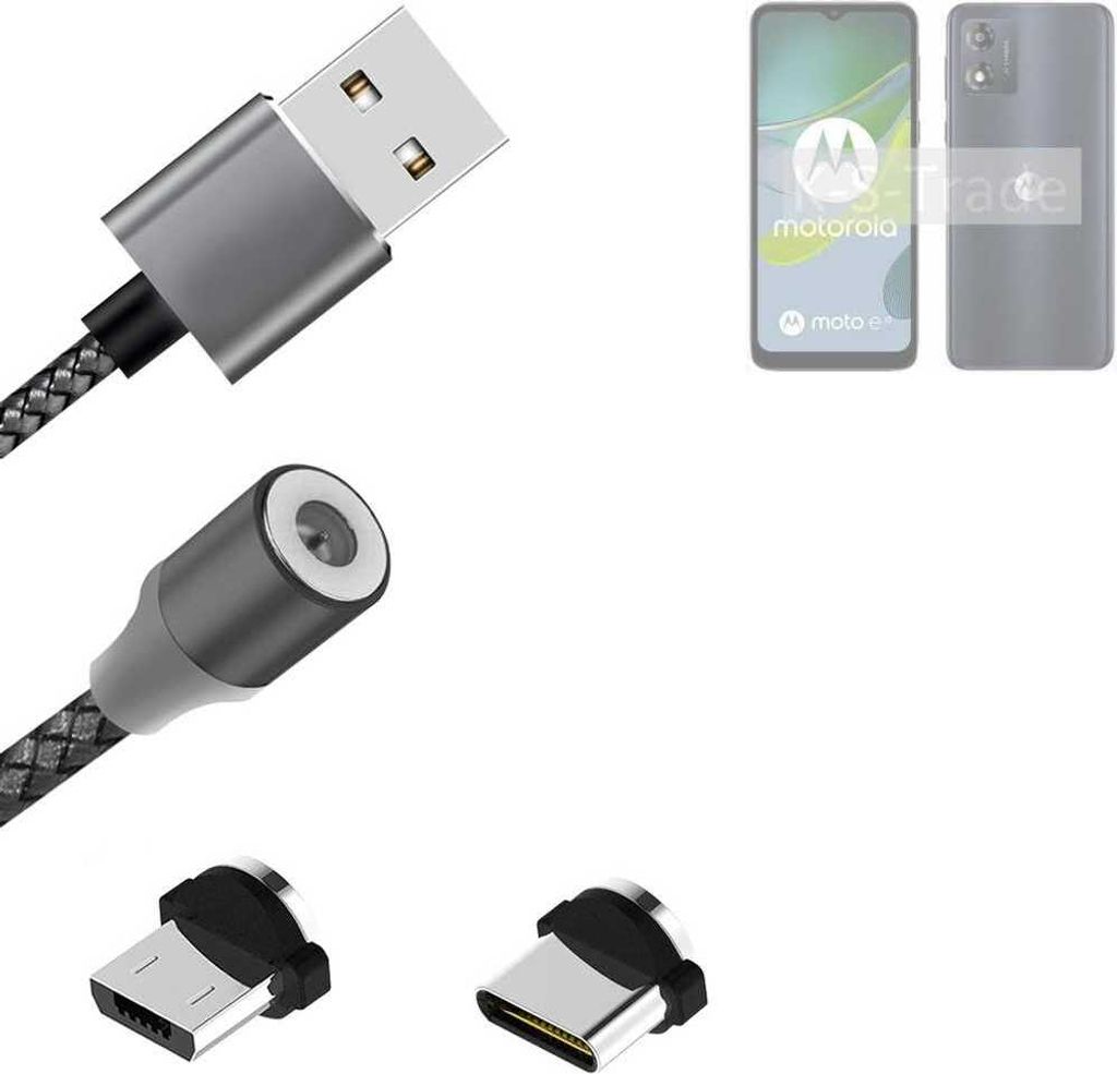 K-S-Trade Hochwertiges Magnet-Lade-kabel Sync-Kabel Daten-Kabel kompatibel mit Motorola Moto E13 mit USB-Typ-C-Anschluss und Micro-USB-Anschluss 2A