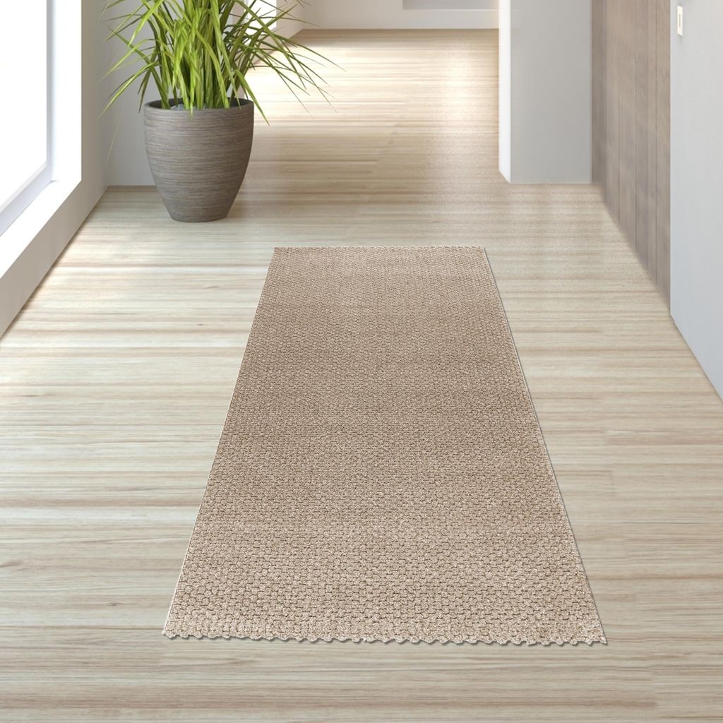 Minimalistischer Wohnzimmerteppich Schlichtes Streifenmuster weich pflegeleicht in Beige Größe - 80 x 150 cm