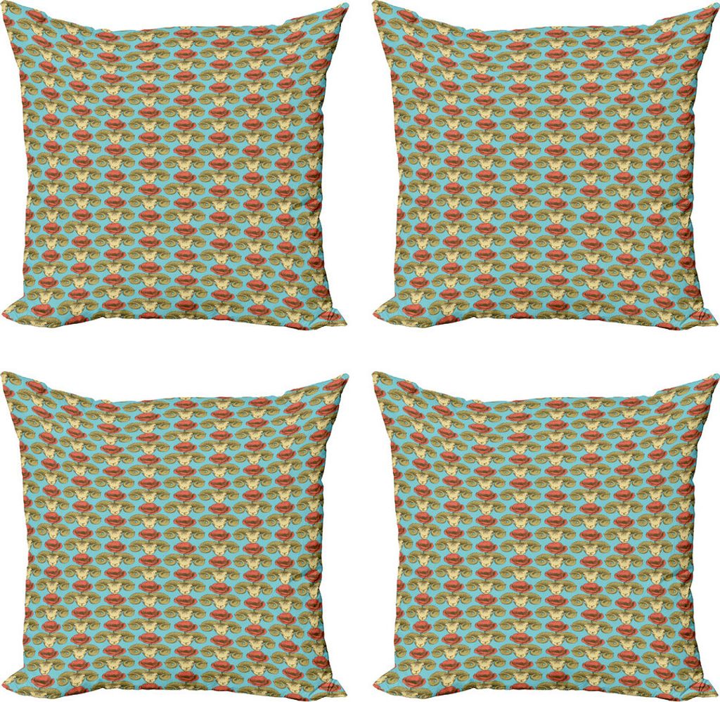 ABAKUHAUS Mohn Kissenbezug Set (4 Stück), Vintage Sketch Poppy Ram, Moderner Doppelseitiger Digitaldruck, 60 cm x 60 cm, Burnt Sienna Turquoise