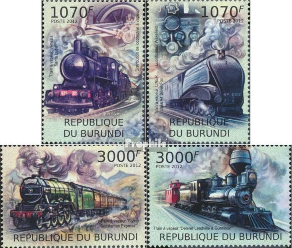 Briefmarken Burundi 2012 Mi 2436-2439 (kompl.Ausg.) postfrisch Dampflokomotiven