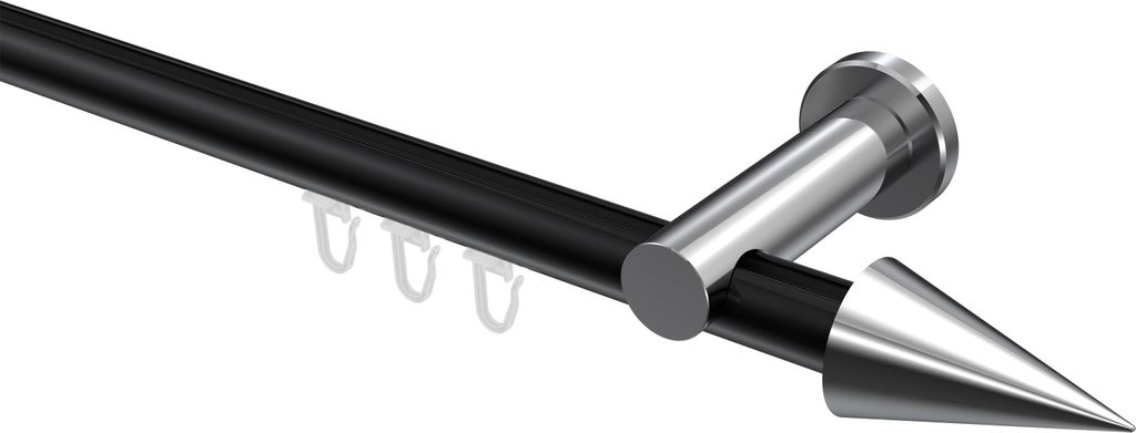 Interdeco Innenlaufstange / Gardinenstange mit Innenlauf Schwarz / Chrom, Typ Platon Savio (Kegel), 20 mm Ø 1-läufig, 240 cm