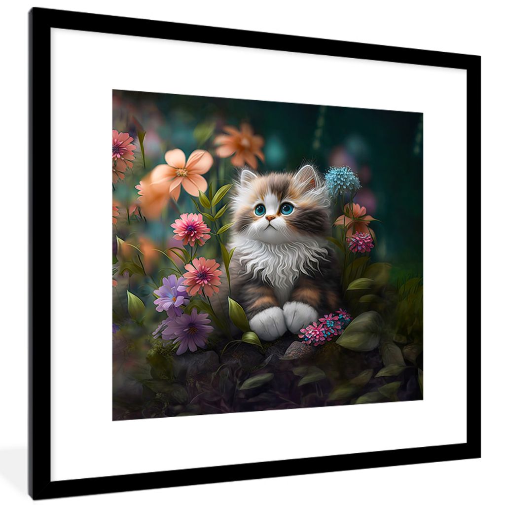 MuchoWow Gerahmtes Poster Kätzchen - Illustration - Blumen - Natur - Katze 40x40 cm - Poster mit Schwarzem Bilderrahmen Wandposter Rahmen Foto B...