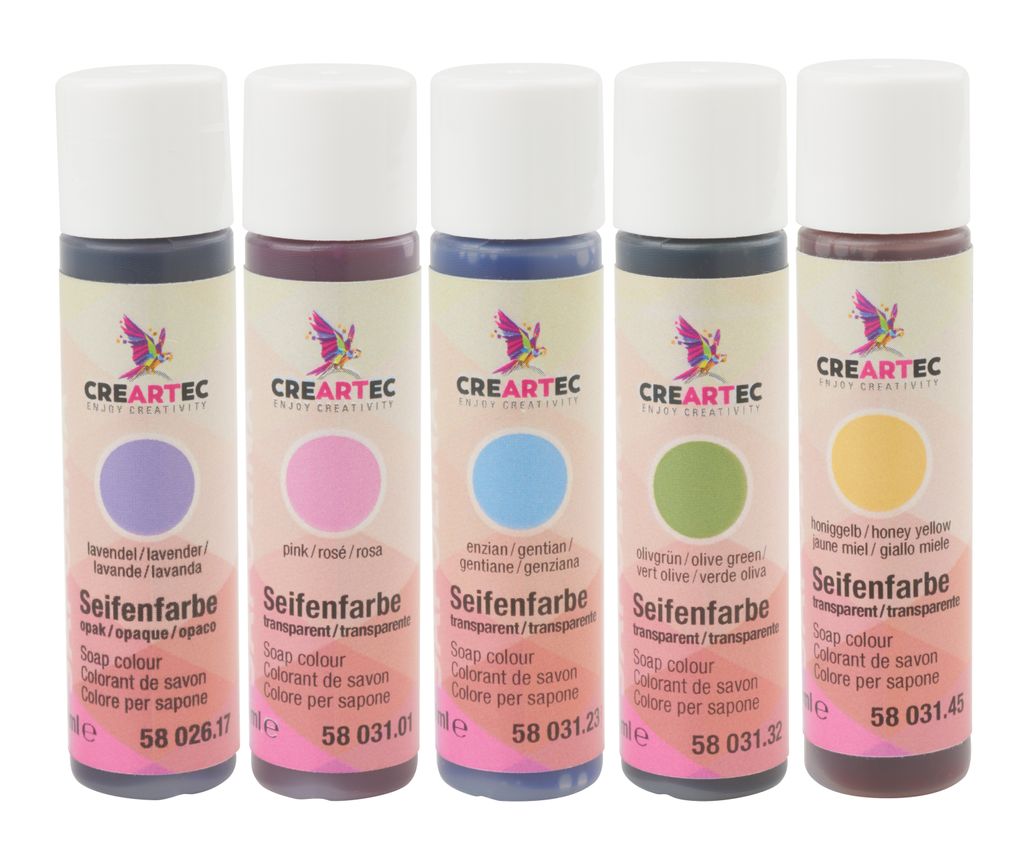 Blumen-Seifenfarben Set 5x 10ml Honiggelb, Olivgrün, Pink, Produktbild 