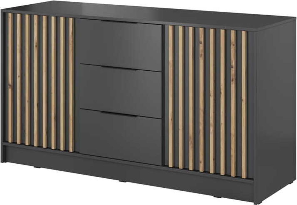 Kommode Nelly 3D graphit 86x155x45cm mit 3 Schubladen, Lamellen und Drehtüren