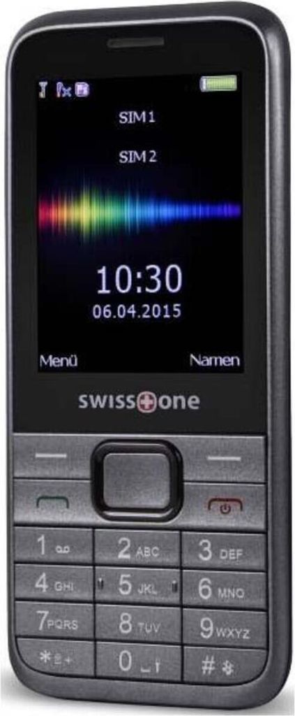 A black swisstone SC 560 Dual-SIM-Handy is shown against a black background. The phone's screen displays the time, date, and signal strength.
