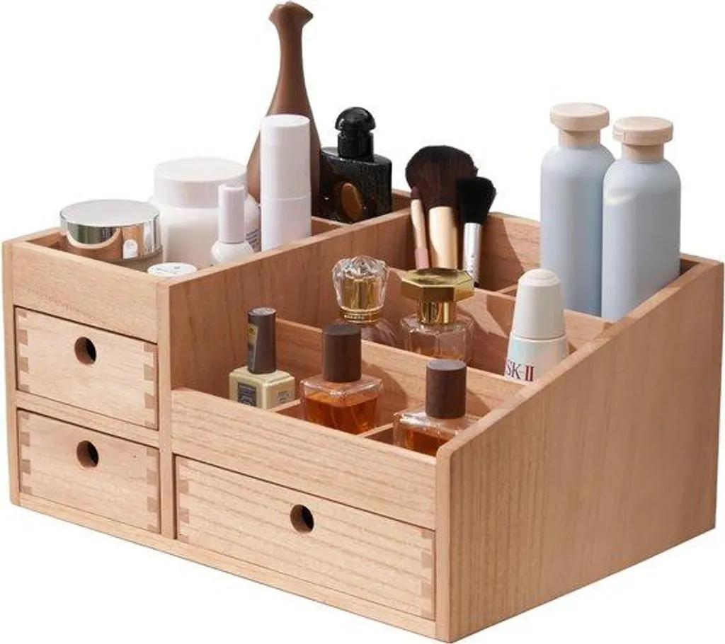 Organiseur maquillage bois naturel 11 zones de rangement avec 3 tiroirs