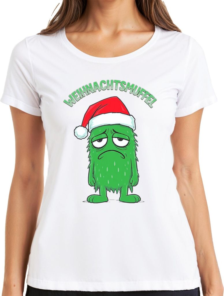 WEIHNACHTSMUFFEL Weihnachtsgeschenk lustig grünes Monster Mütze Damen T-Shirt, Weiß, M