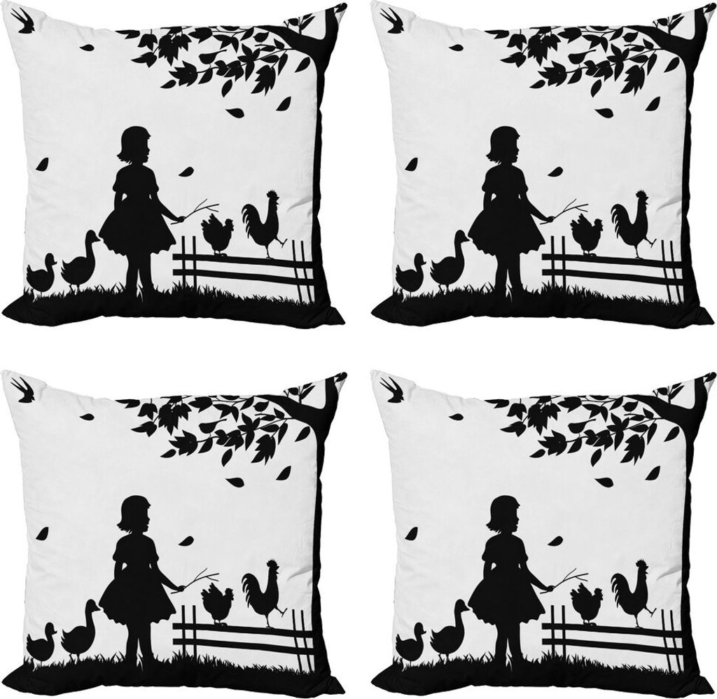 ABAKUHAUS Zaun Kissenbezug Set (4 Stück), Kleine Mädchen Gans Hahn, Moderner Doppelseitiger Digitaldruck, 40 cm x 40 cm, Schwarz-Weiss