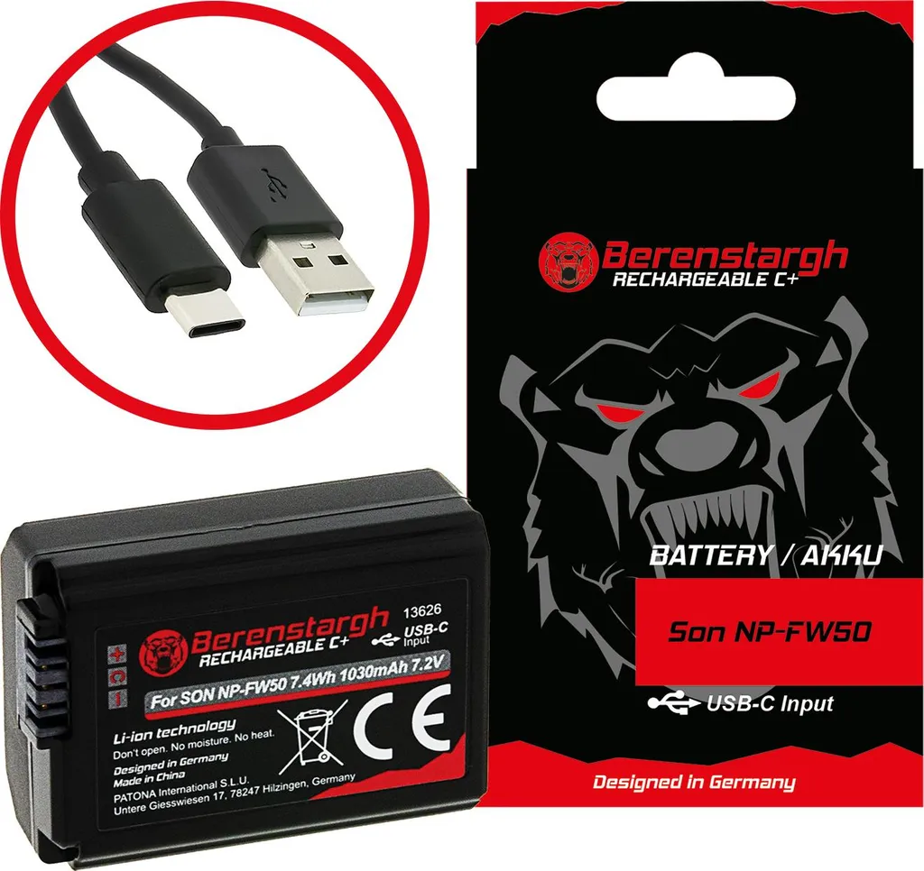 Batterie Berenstargh NP-FW50 USB-C pour Sony NEX-3 et Alpha 770mAh