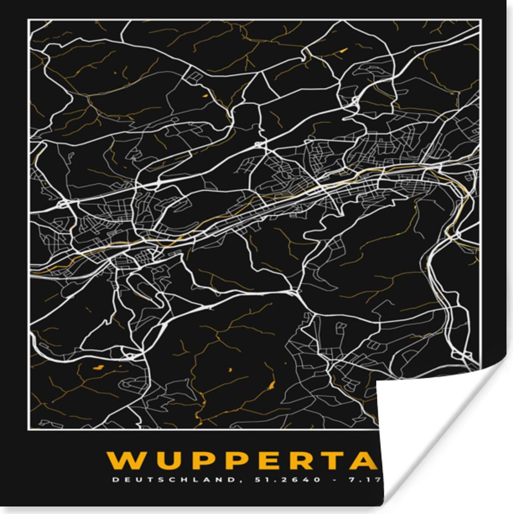 MuchoWow Poster Stadtplan - Deutschland - Gold - Wuppertal - Karte 50x50 cm - Wohnzimmerdekoration