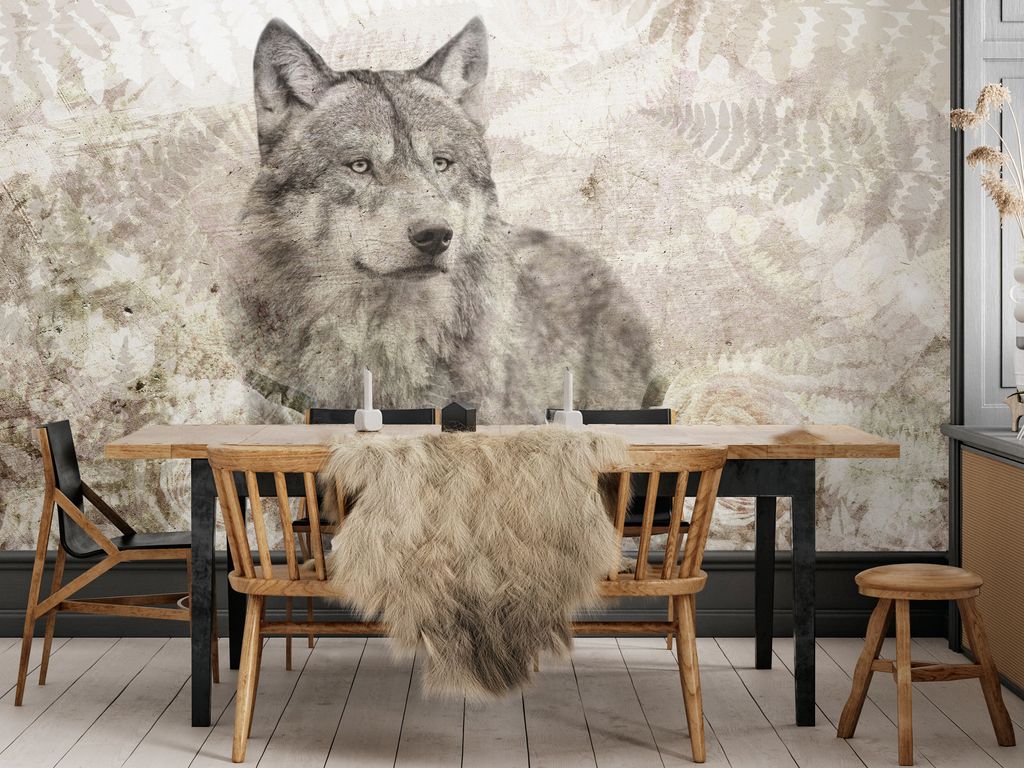 Vlies Fototapete Wolf 400x280 cm Tapeten Wandtapete XXL Wald Farn Pflanzenmotiv g-C-10021-a-c