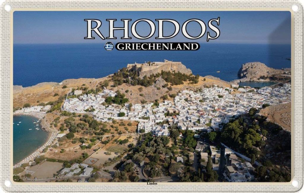vianmo Blechschild 12x18 cm Rhodos Griechenland Lindos Stadt Meer Bildmotiv Reisemotiv Abenteuer Reisen