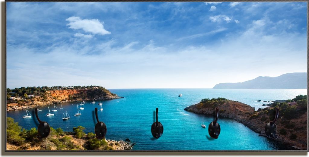 Wallario Flurgarderobe Wandgarderobe aus Holz, mit 5 Haken, Größe 80 x 40 cm, Motiv Ibiza - Blick von einer Bucht aufs Meer
