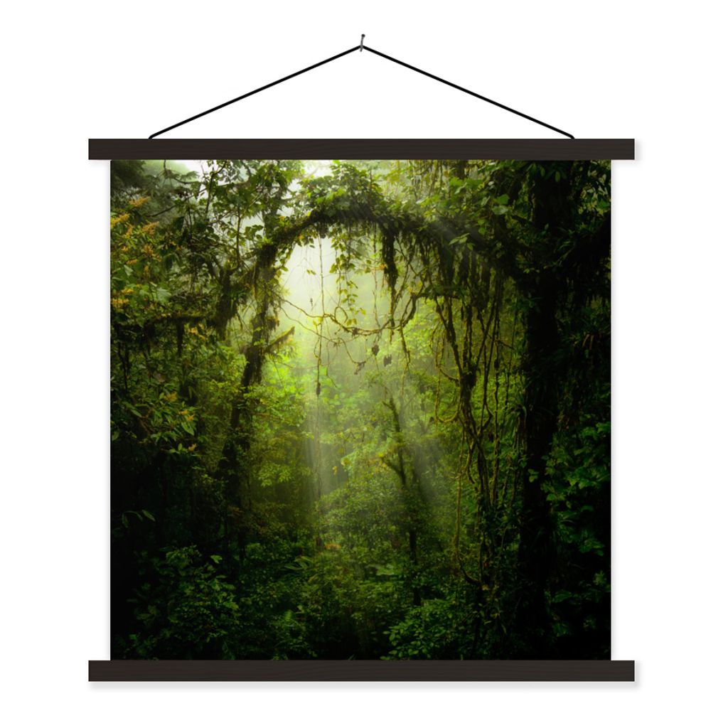 MuchoWow Textilposter Sonnenstrahlen gleiten durch das tropische Blätterdach 90x90 cm mit schwarzem Rahmen - Magnetisches