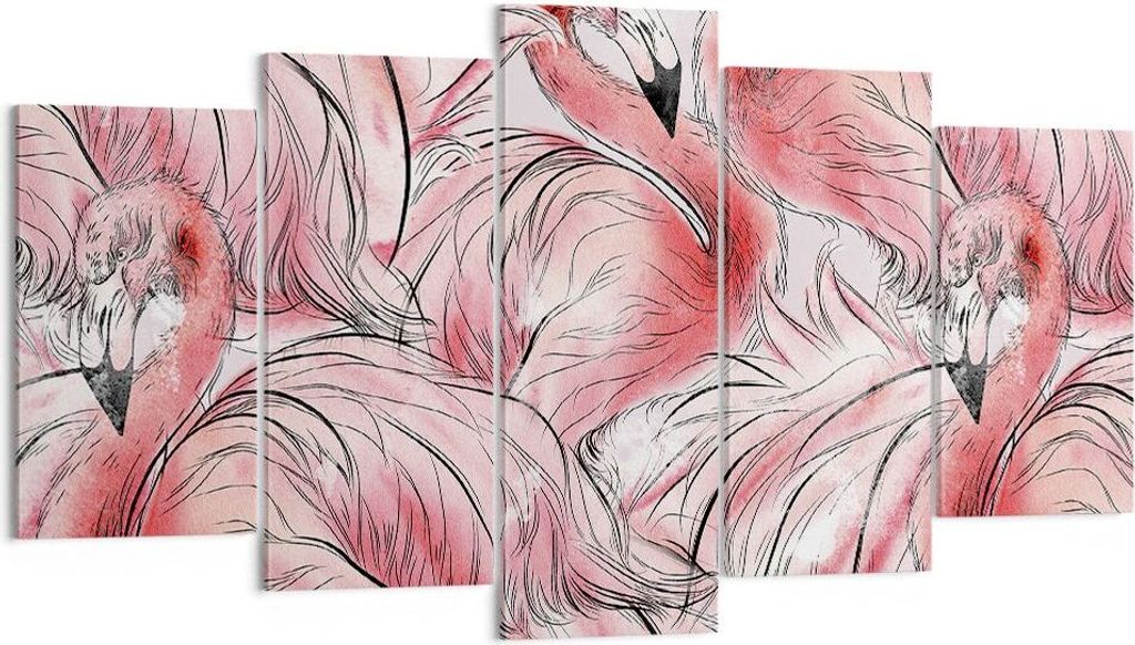 Bild auf Leinwand - Leinwandbild - 5 Teile - Flamingo Pink Exotik - 160x85cm - Wand Bild - Wanddeko - Wandbilder - Leinwanddruck - Bilder - Wanddek...
