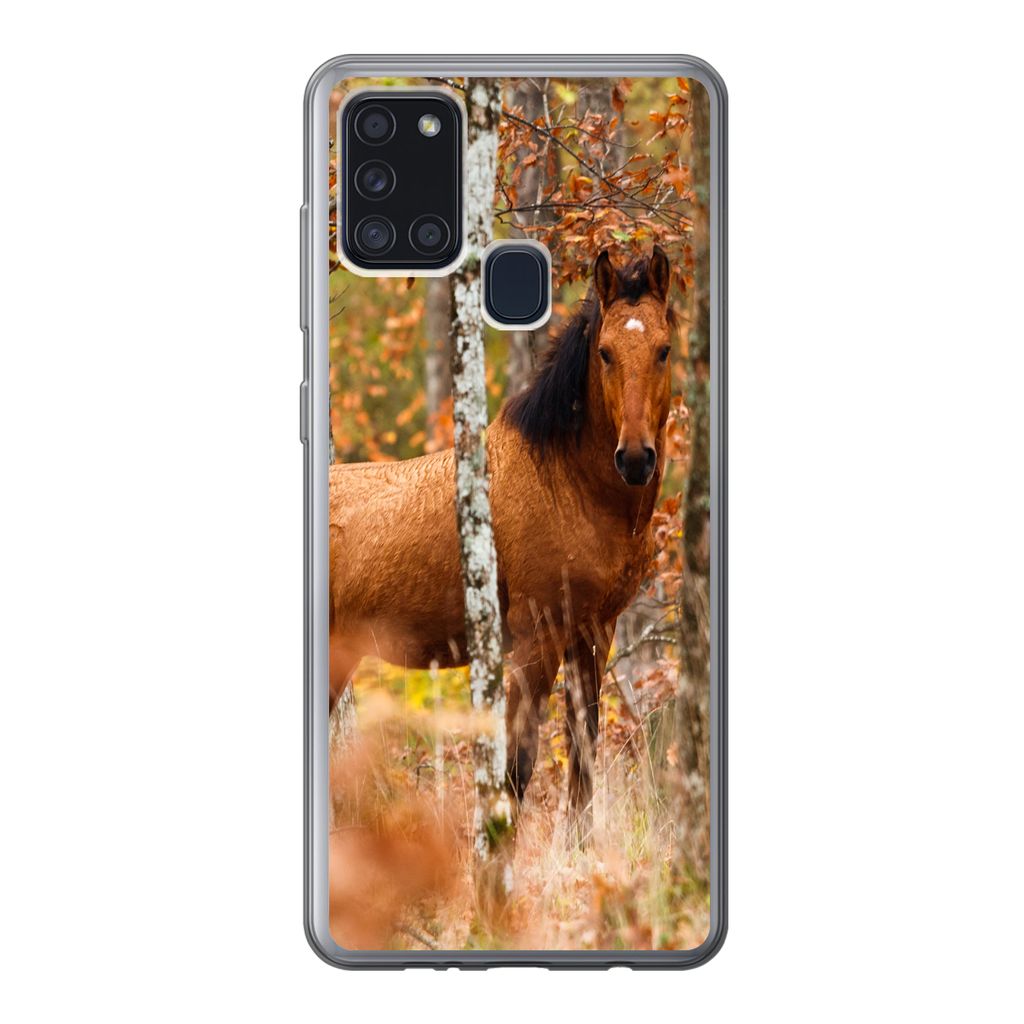 MuchoWow Handyhülle Schutzhülle Hülle für Samsung Galaxy A21s Pferd - Wald - Braun Silikon Softcase Handy Hülle - Hartschale