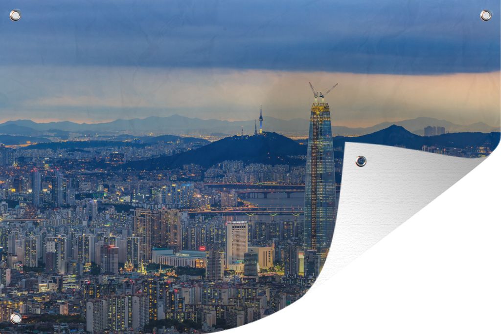 MuchoWow 120x80 cm Outdoor-Poster Gartendeko Sichtschutz Garten Poster für den Garten Abend - Skyline - Seoul