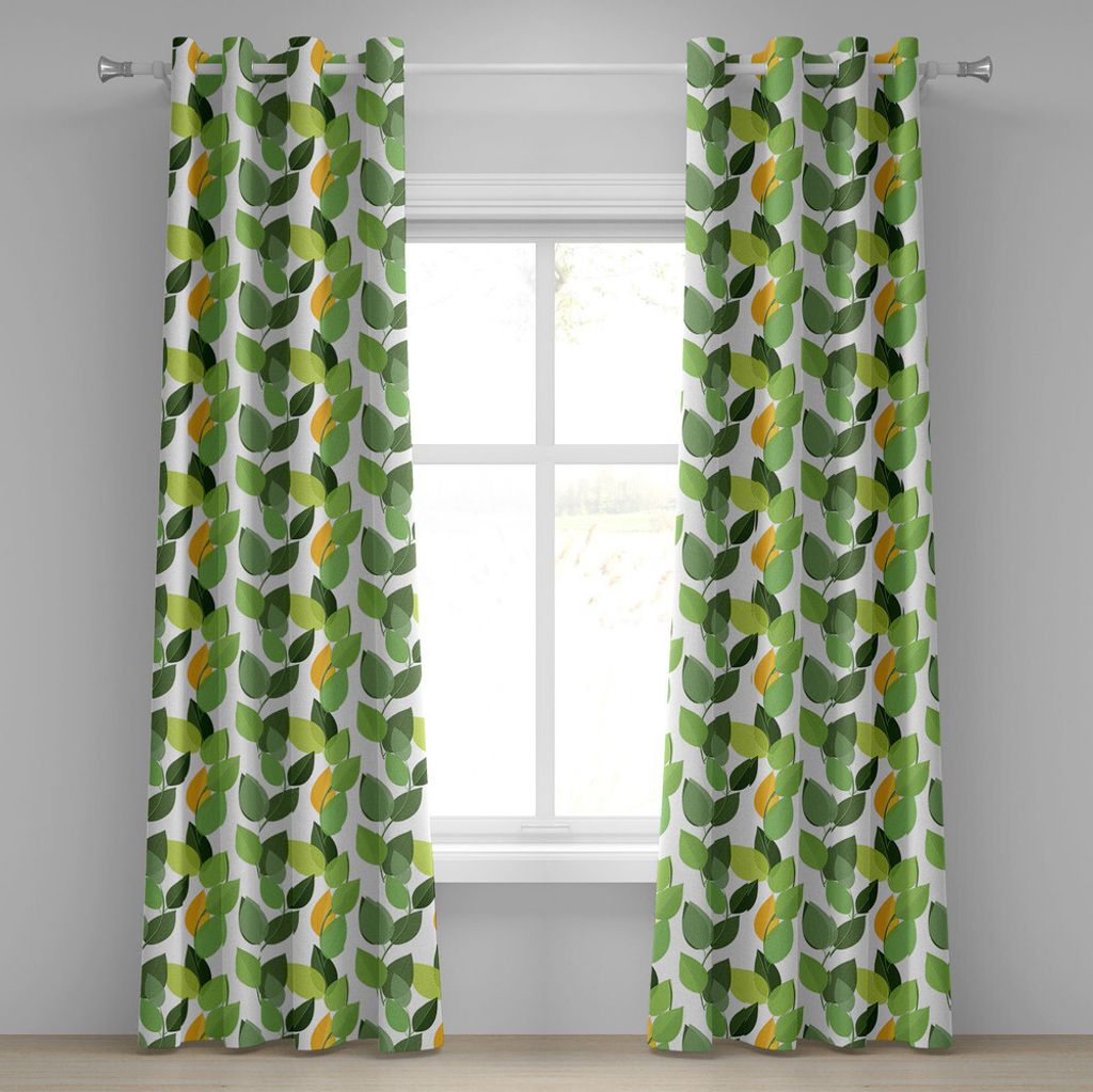 ABAKUHAUS Blätter Ösenvorhang, Abstrakte Natur Grüner Laub Illustration, Dekorative 2-Panel-Fenstervorhänge, 280 cm x 245 cm, Farngrün Ringelb...