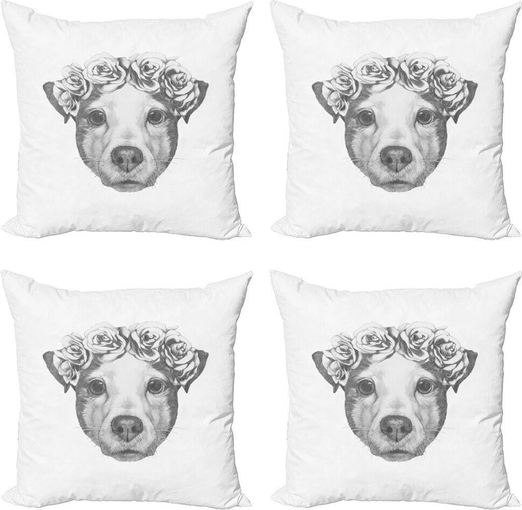 ABAKUHAUS Jack Russell Kissenbezug Set (4 Stück), Floral-Kopf-Kranz, Moderner Doppelseitiger Digitaldruck, 45 cm x 45 cm, Grau weiß