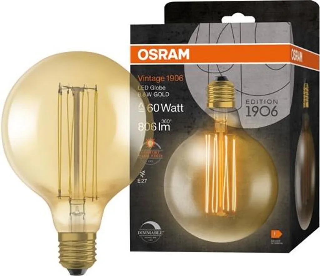 Ampoule LED Globe E27 Vintage Osram 1906 Diamètre 125mm Dorée Chaude
