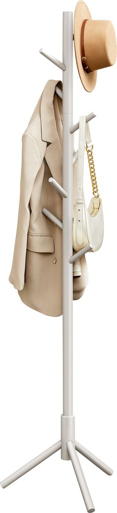A coat rack with a jacket, handbag, and hat.