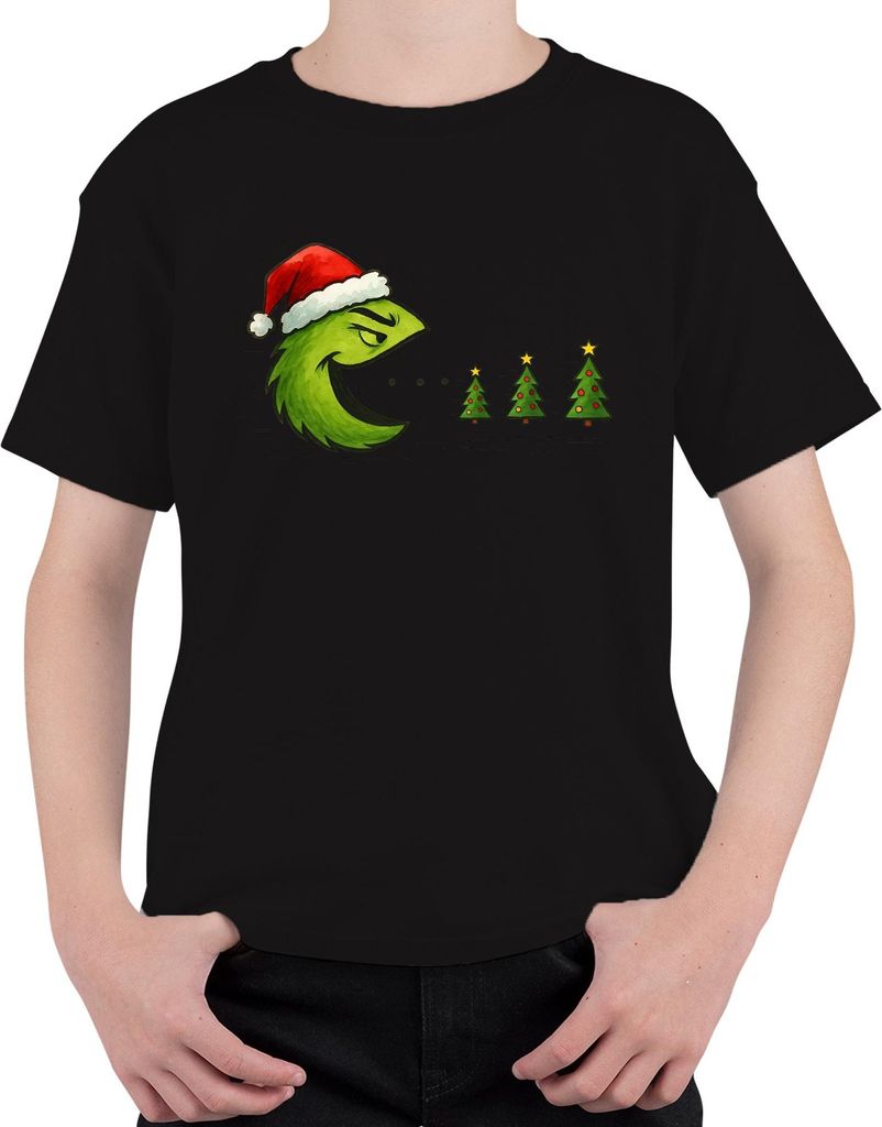 Weihnachtsbaum Fresser Grün frech Weihnachten Geschenk Retro Uni Kinder T-Shirt, Schwarz, 140