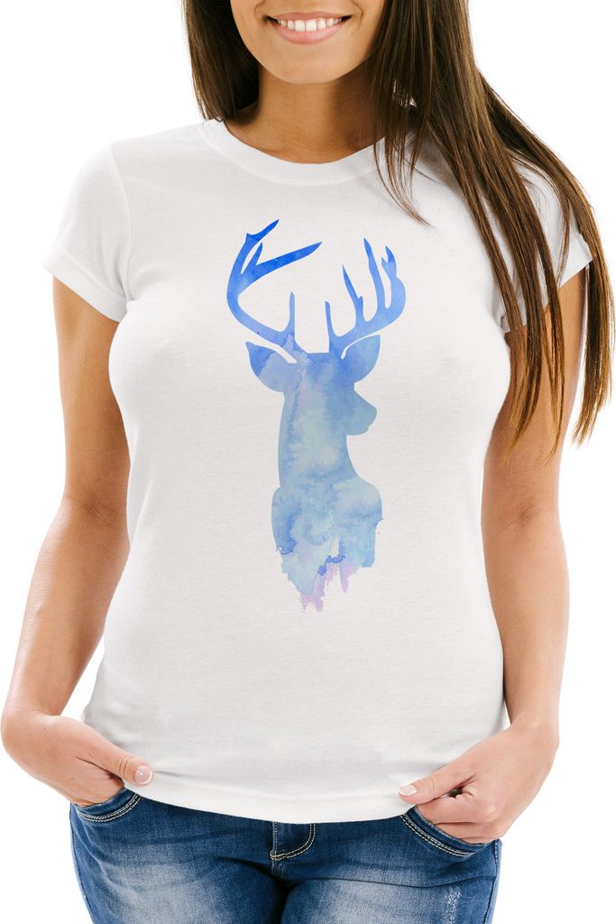 Damen T-Shirt Hirsch Geweih Kopf Deer Watercolor Polygon Tier Slim Fit Neverless weiß-blau M