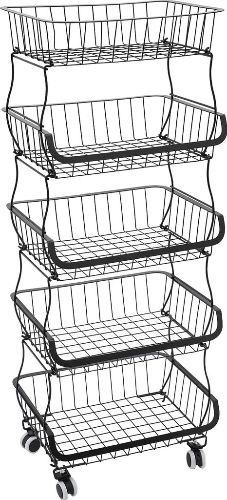 A tall, black, five-tier wire storage rack with wheels.