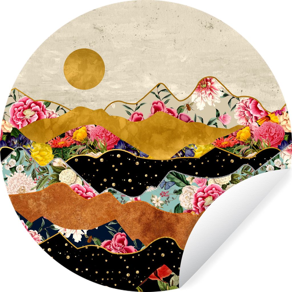 MuchoWow Runde Wandtattoo - Wandsticker Tapete Aufkleber Gold - Blumen - Druck - Abstrakt - Landschaft - Muster Ø 30 cm Selbstklebend und Reposi...