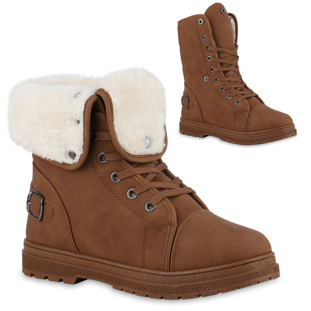 VAN HILL Damen Warm Gefütterte Sneaker High Bequeme Schnallen Schnür-Schuhe 840859, Farbe: Braun, Größe: 38