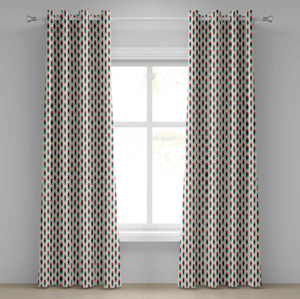 ABAKUHAUS Tenda con occhielli vintage, motivo geometrico retrò, curve, stile sporco, design etnico tradizionale, tende decorative a 2 pannelli, 280 cm x 245 cm, crema, blu, rosso