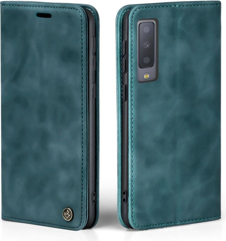 A teal flip case for a Samsung Galaxy A7 2018 is shown from two angles.