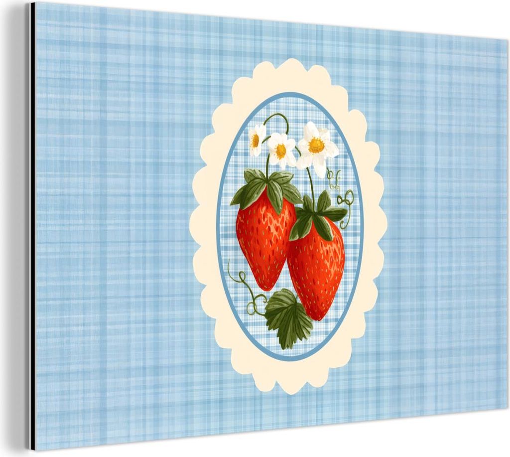 MuchoWow Wanddekoration Metall Metallbild Wandkunst 120x80 cm Erdbeeren - Rahmen - Rot - Kariert MuchoWow Aluminium Gemälde - Alu Bild