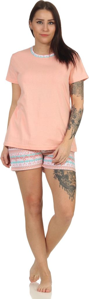 Damen kurzarm Schlafanzug Shorty Pyjama mit kurzer Hose im Ethnolook - 66628 ; apricot , 44