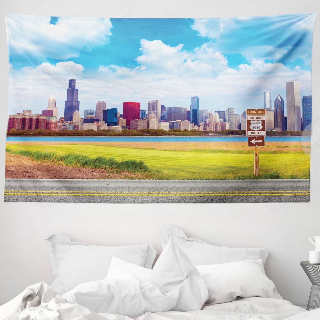 ABAKUHAUS Chicago Skyline Wandteppich, Famous Route 66 aus Weiches Mikrofaser Stoff Waschbar ohne Verblassen Digitaldruck, 230 x 140 cm, Mehrfarbig