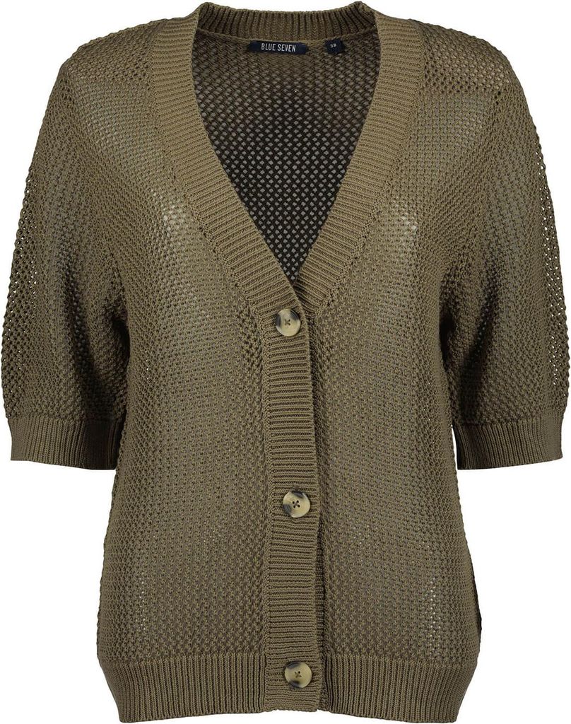 Blue Seven Damen Strickjacke mit Loch-Muster & 3/4-Arm - Unifarbener Cardigan mit Knopfleiste in Tee Größe 40