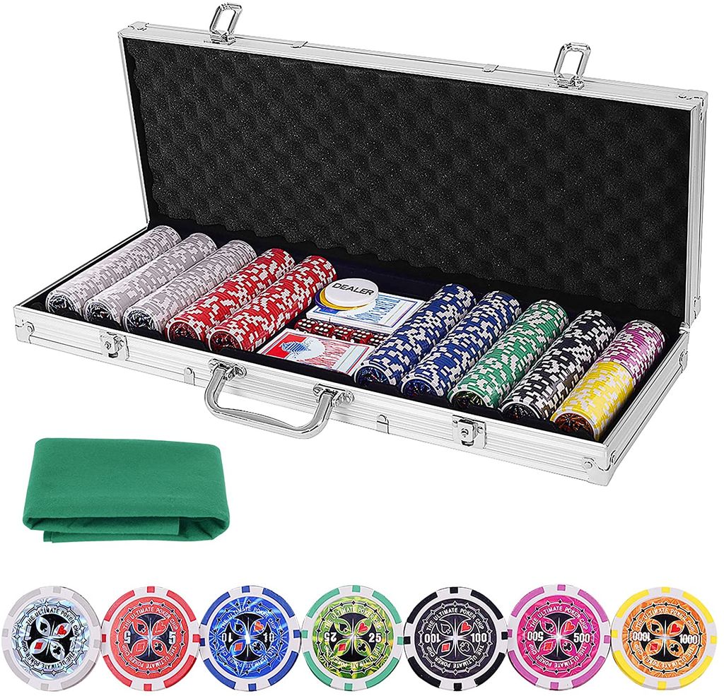Pokerset mit 500 Laser Pokerchips & Aluminiumkoffer & 2 Kartendecks & 5 Würfel & 3 Dealer Button & Tischtuch, Profi Pokerspiel, Poker Set (Silber)