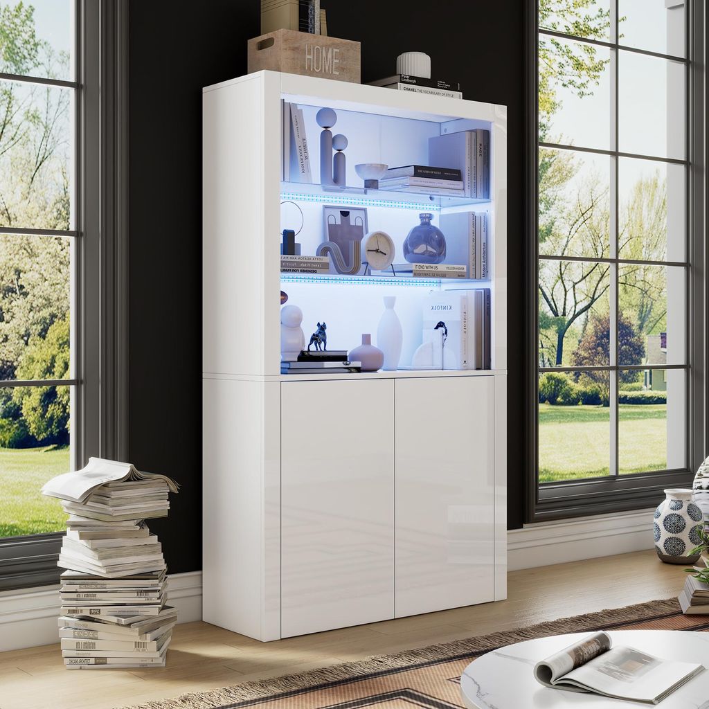 MODFU Vitrine en verre blanche avec LED, meuble haut Image du produit 