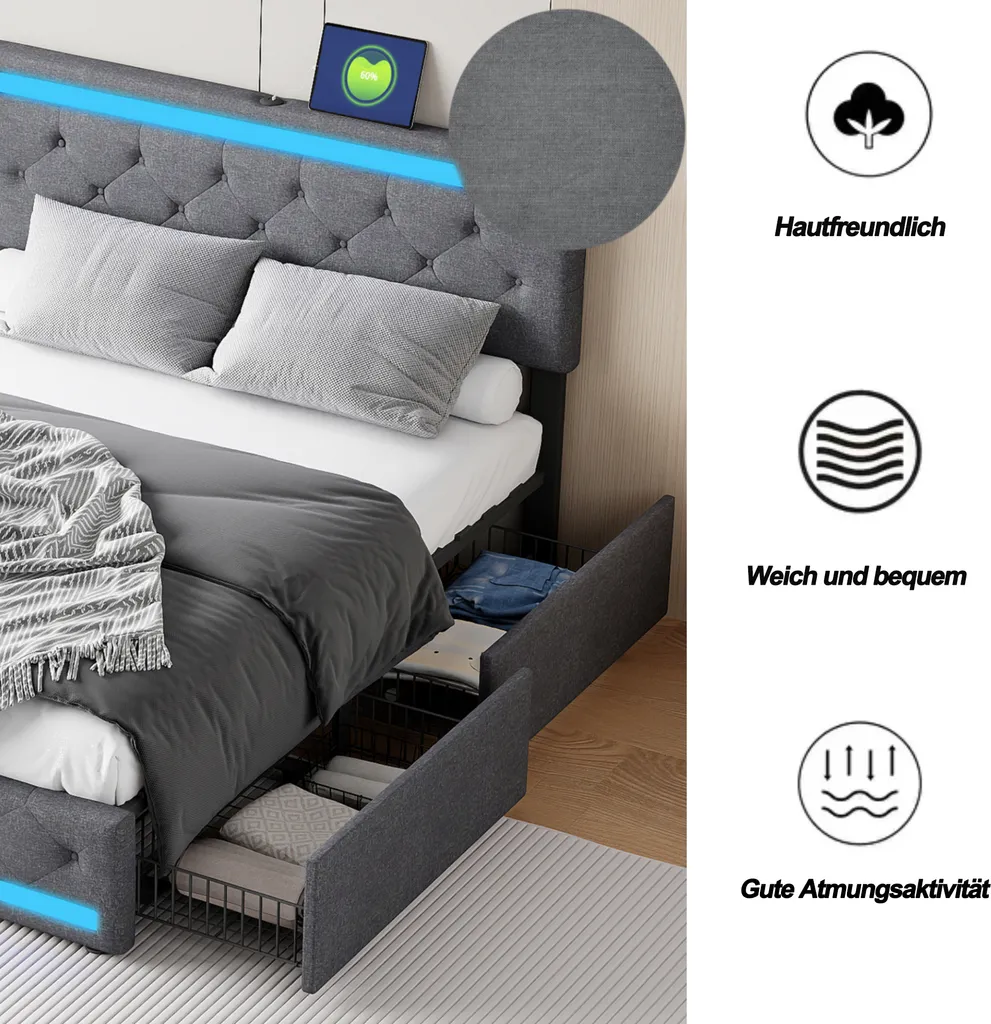 Lit 160x200 moderne avec LED et USB, solution gain de place 4 tiroirs - 4