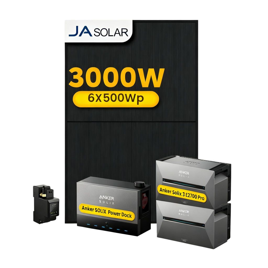 Powerness Balkonkraftwerk mit Speicher, Anker Multisystem SOLIX Solarbank Power Dock mit 2x Solarbank 3 E2700 Pro Speicher und 6x 500W JA Solar Mo...