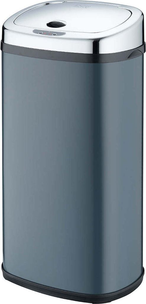 A studio shot of a gray automatic kitchen trash can with a silver lid.