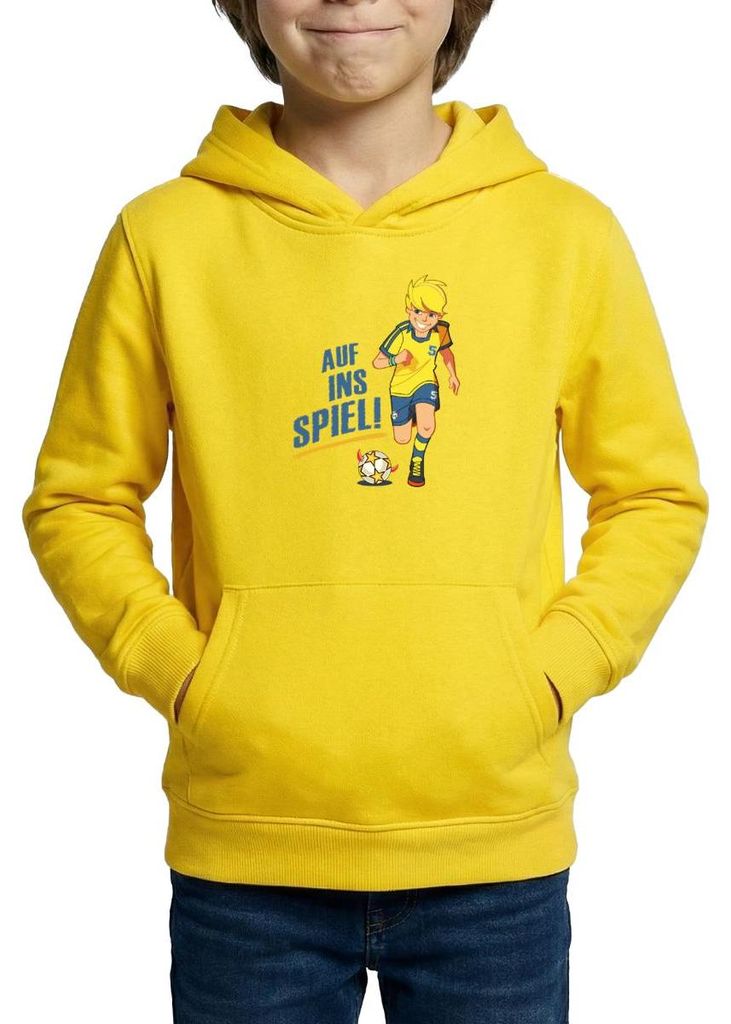 Spreadshirt Teufelskicker Auf Ins Spiel Kinder Hoodie, XS (3/4 years), Gelb