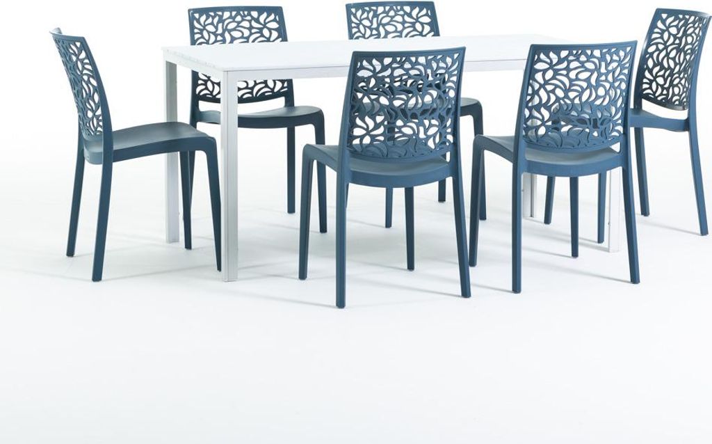 Outdoor-Essset mit rechteckigem Tisch 156x78 cm und 6 stapelbaren Stühlen aus glasfaserverstärktem Harz – modernes Design in Holzoptik, ideal f...