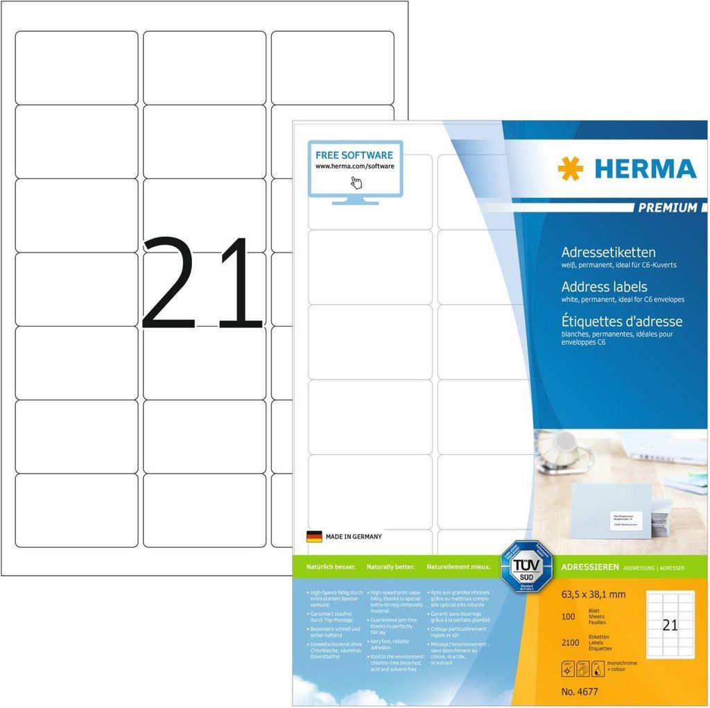 Adressetiketten Premium A4, weiß 63,5x38,1 mm Papier matt 2100 St.