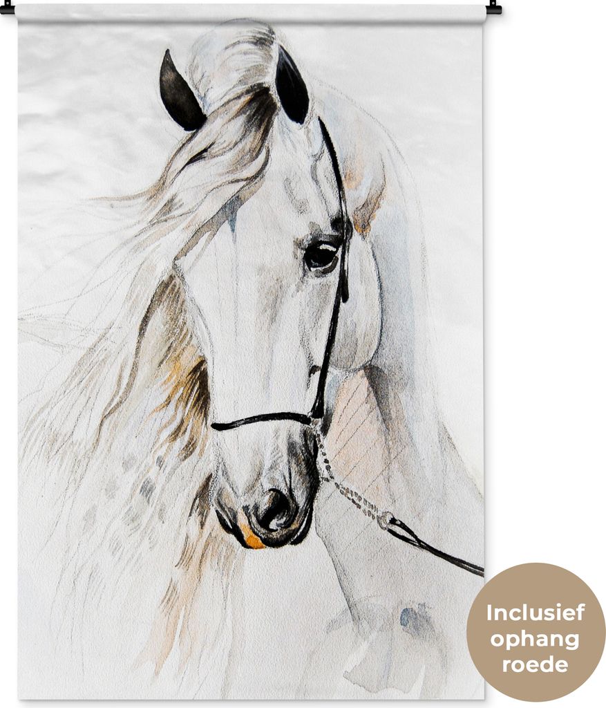 MuchoWow Wandteppich Wandbehang Pferd - Aquarell - Tiere - Weiß 120x180 cm Tapisserie Dekoration Wandtuch - Schlafzimmer - Dekorationen für das...
